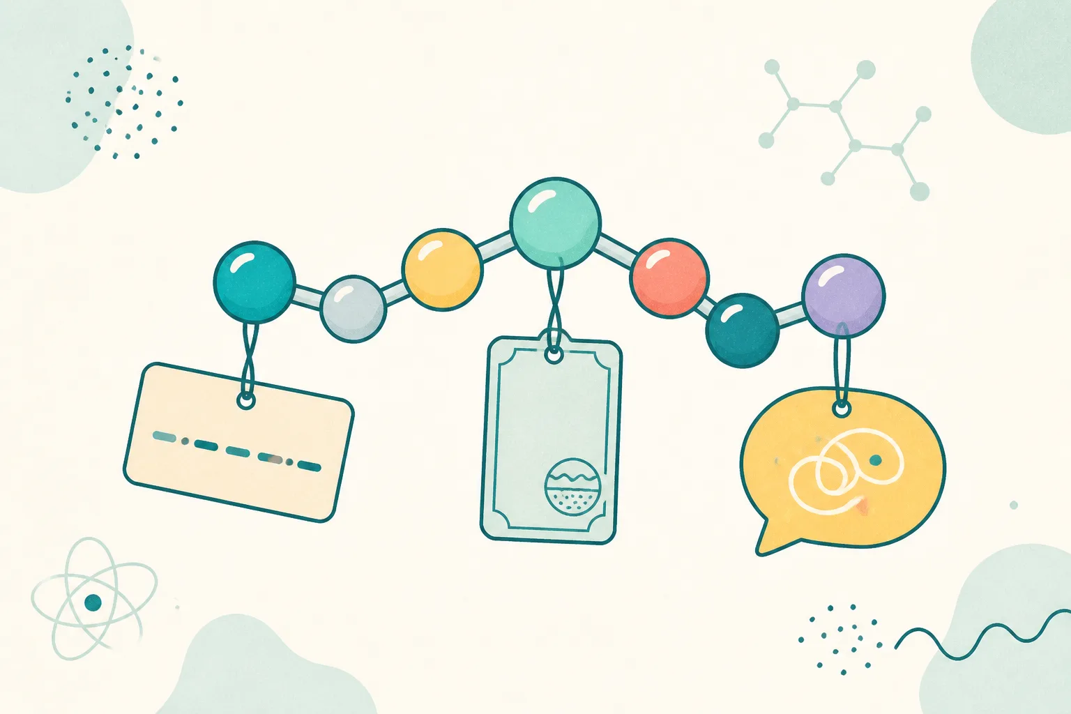 Friendly flat illustration of a single bead-chain molecule character wearing three different name tags: a typed code card, a formal printed label and a colourful logo tag
