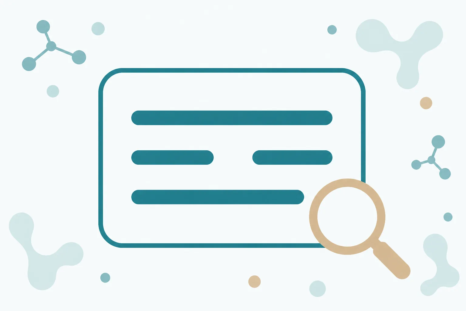Friendly illustration of a rounded card holding three soft horizontal bars that stand in for lines of writing, with a clear gap missing from the middle bar, and a simple rounded magnifying glass resting beside the card