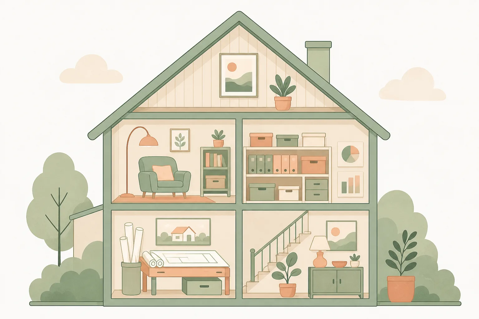 Flat illustration of a house in cross-section in which each room carries a small sign naming a section of a paper