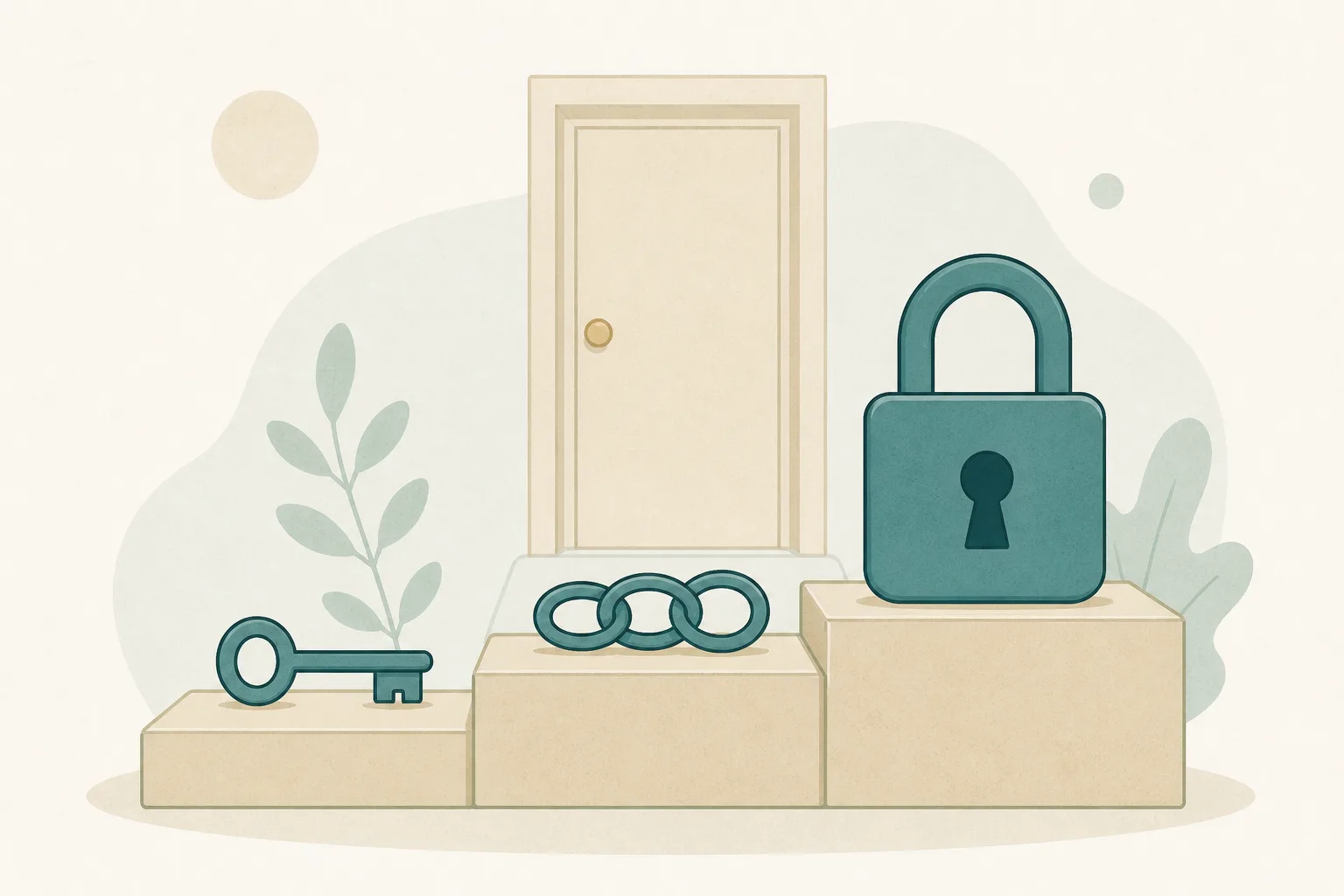 Flat illustration of three objects of increasing size on a ladder: a small key, a short length of chain and a large padlock, with a doorway in the background