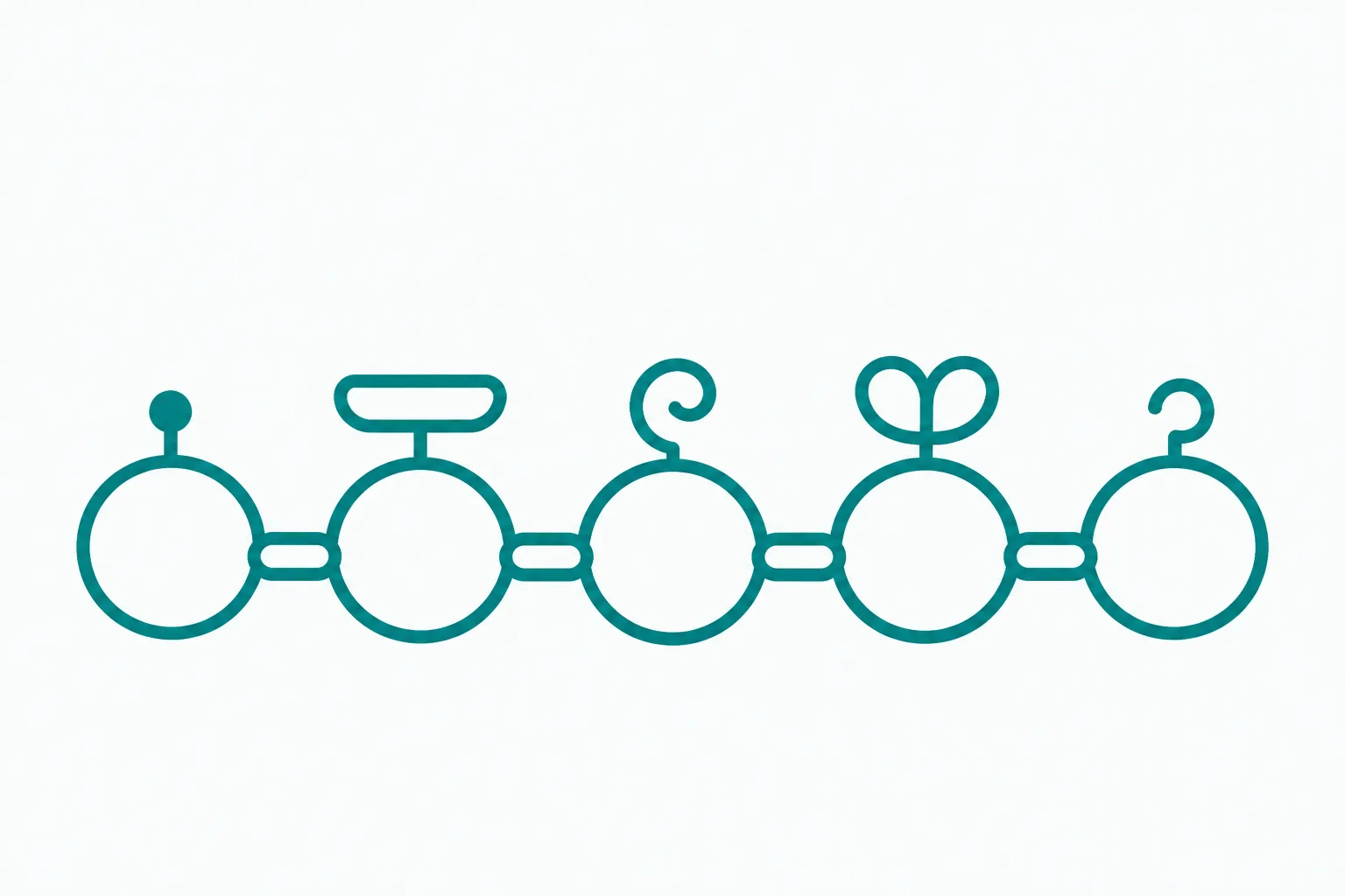 Five large rounded beads in a gentle row, each joined to the next by an identical clip, with a different simple shape sitting on top of each bead