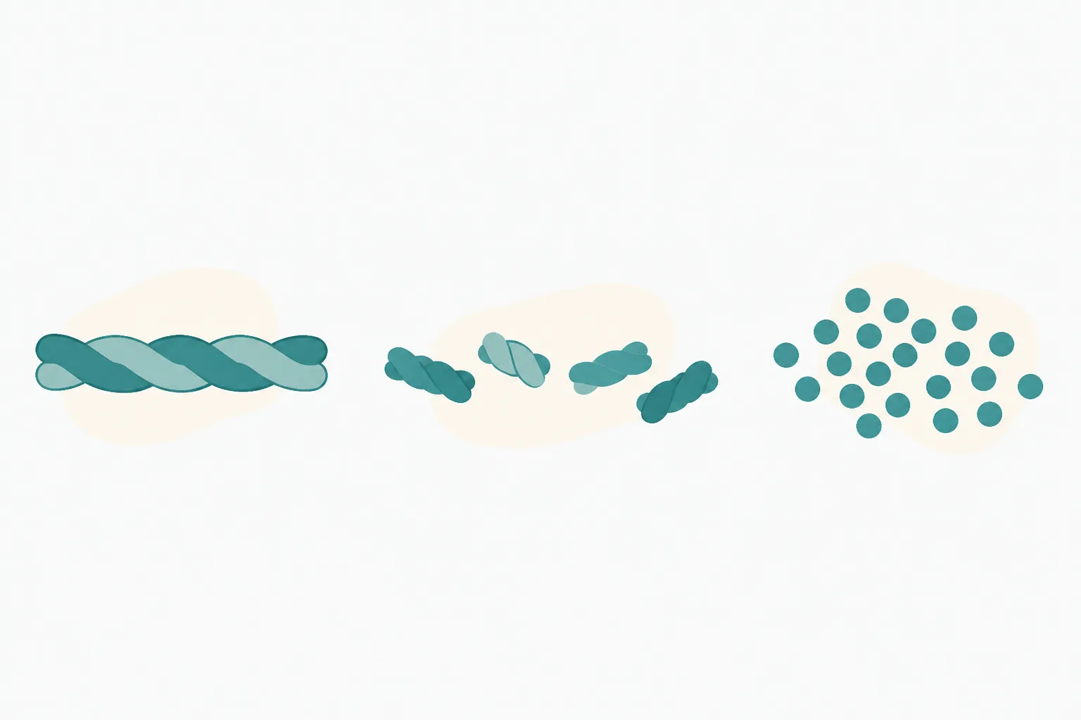 A thick rope of three twisted strands on the left, breaking into short rounded segments in the middle, and scattering into a loose heap of identical small beads on the right