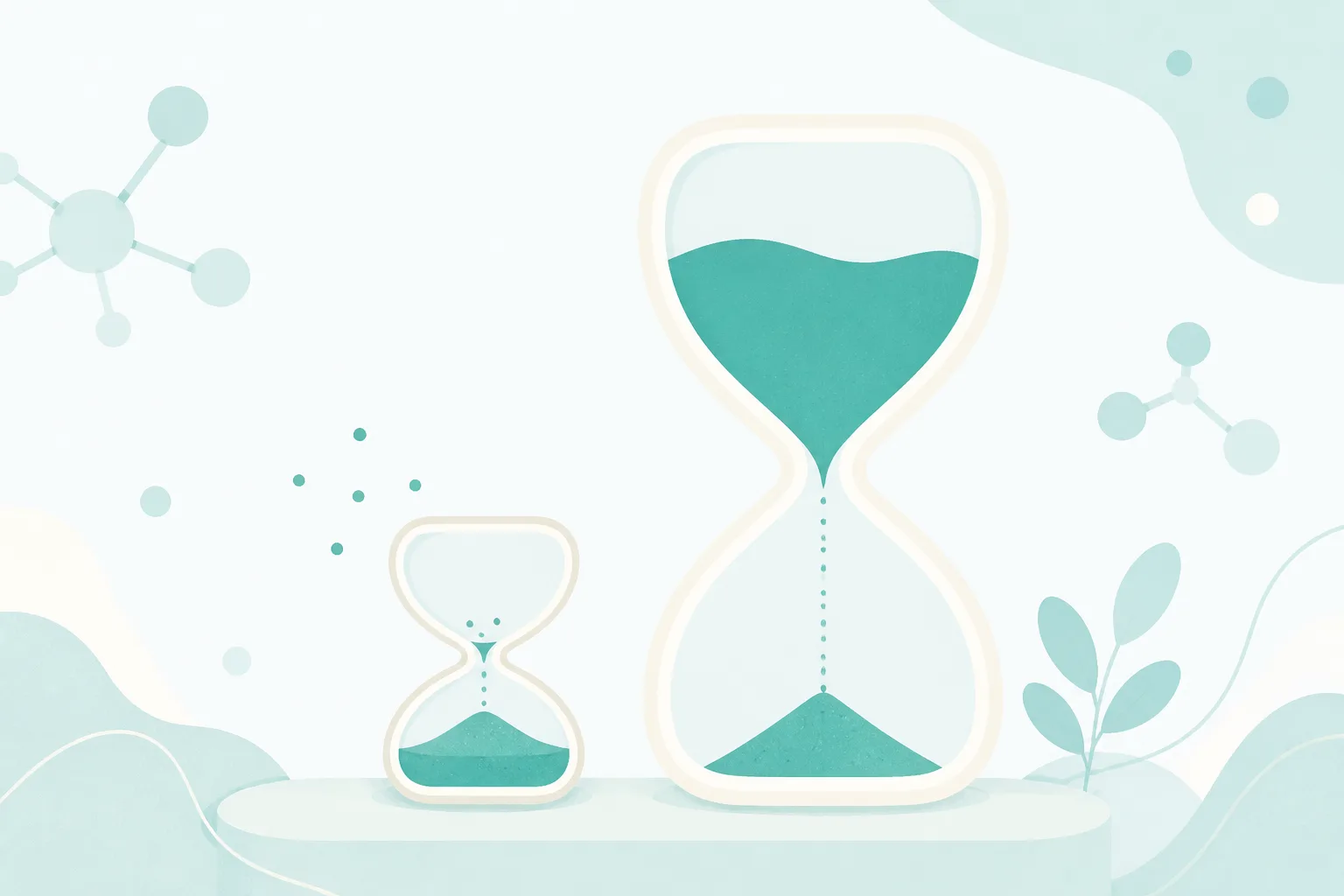 Illustration of two rounded hourglasses side by side, a very small one that has almost finished running and a much larger one whose sand has barely started to fall
