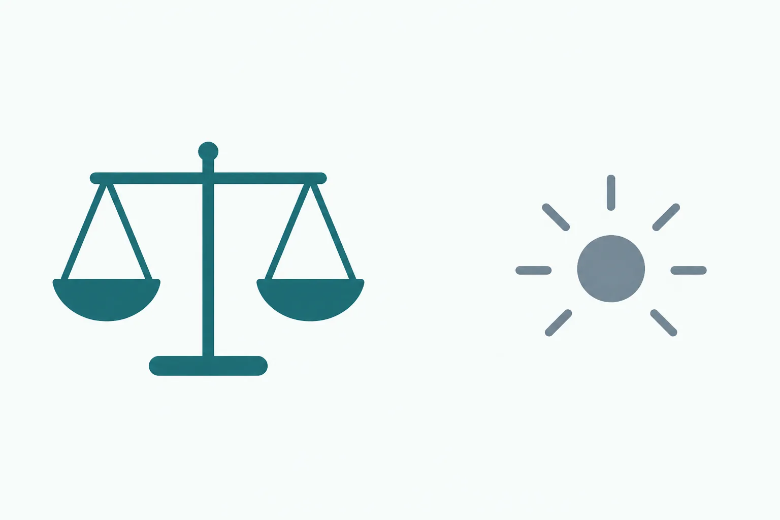 Abstract illustration of a simple balance scale beside a small radiating burst shape, separated by a soft vertical gap, on an off-white background