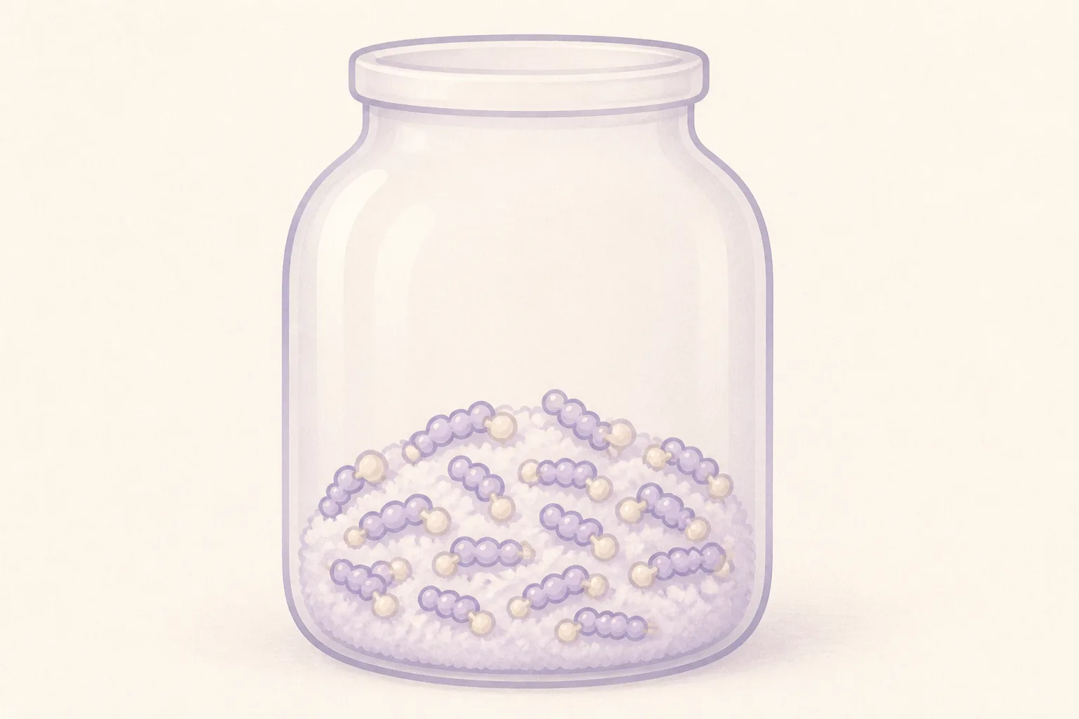 Flat illustration of a long bead chain holding hands with a small round partner bead, the pair resting as a pile of fine powder inside a glass vial