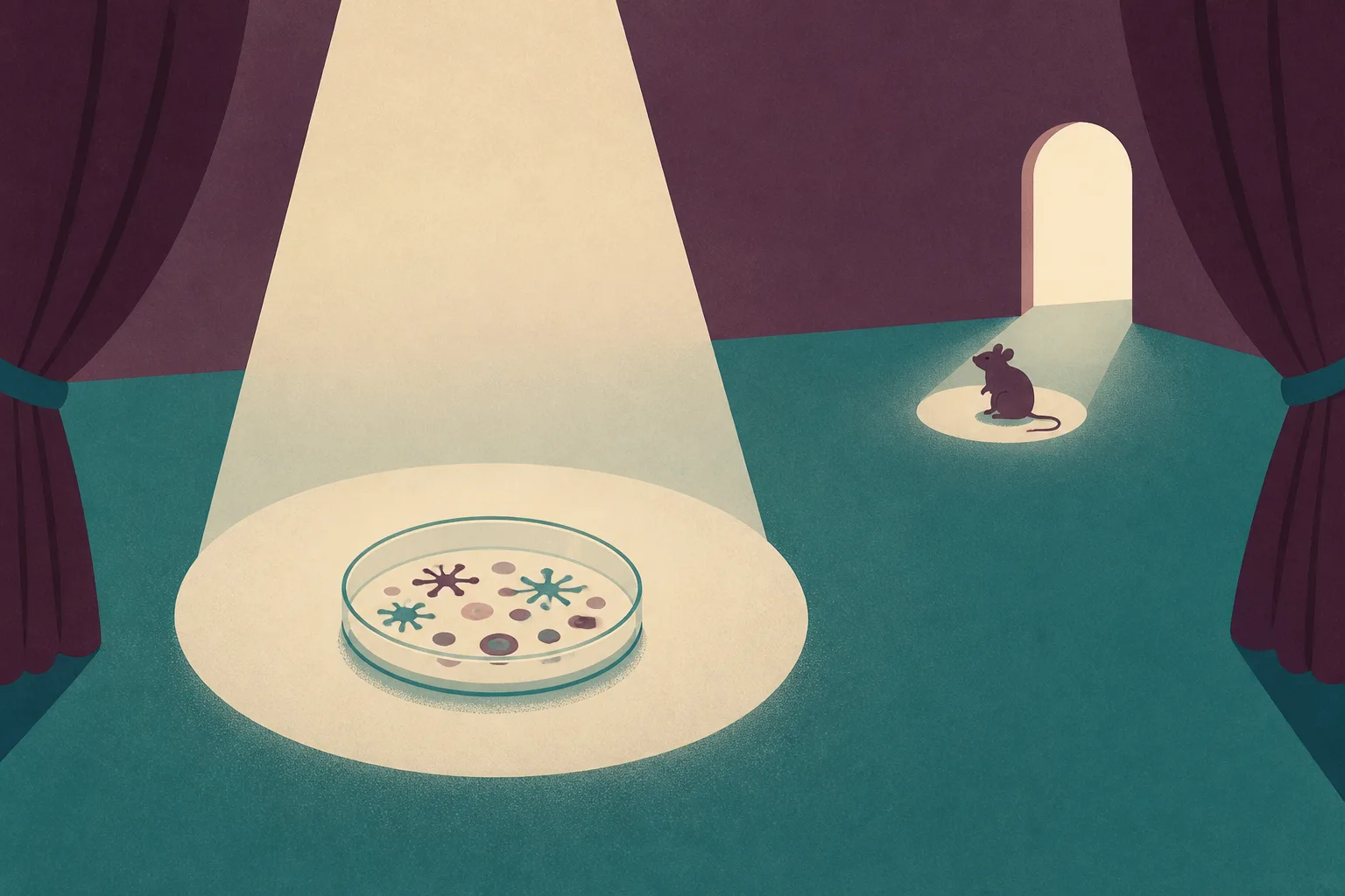 Friendly illustration of a petri dish lit by a soft spotlight on an empty theatre stage, with a small mouse silhouette and a doorway further along