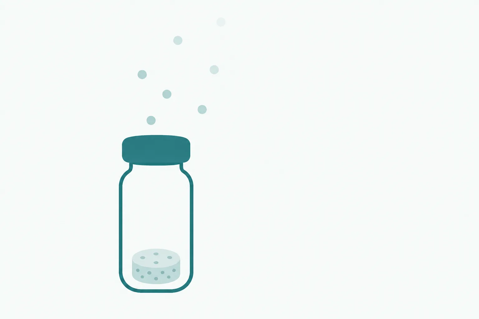 Abstract illustration of a rounded vial holding a small porous puck, with soft dots rising from it into empty space above, on an off-white background