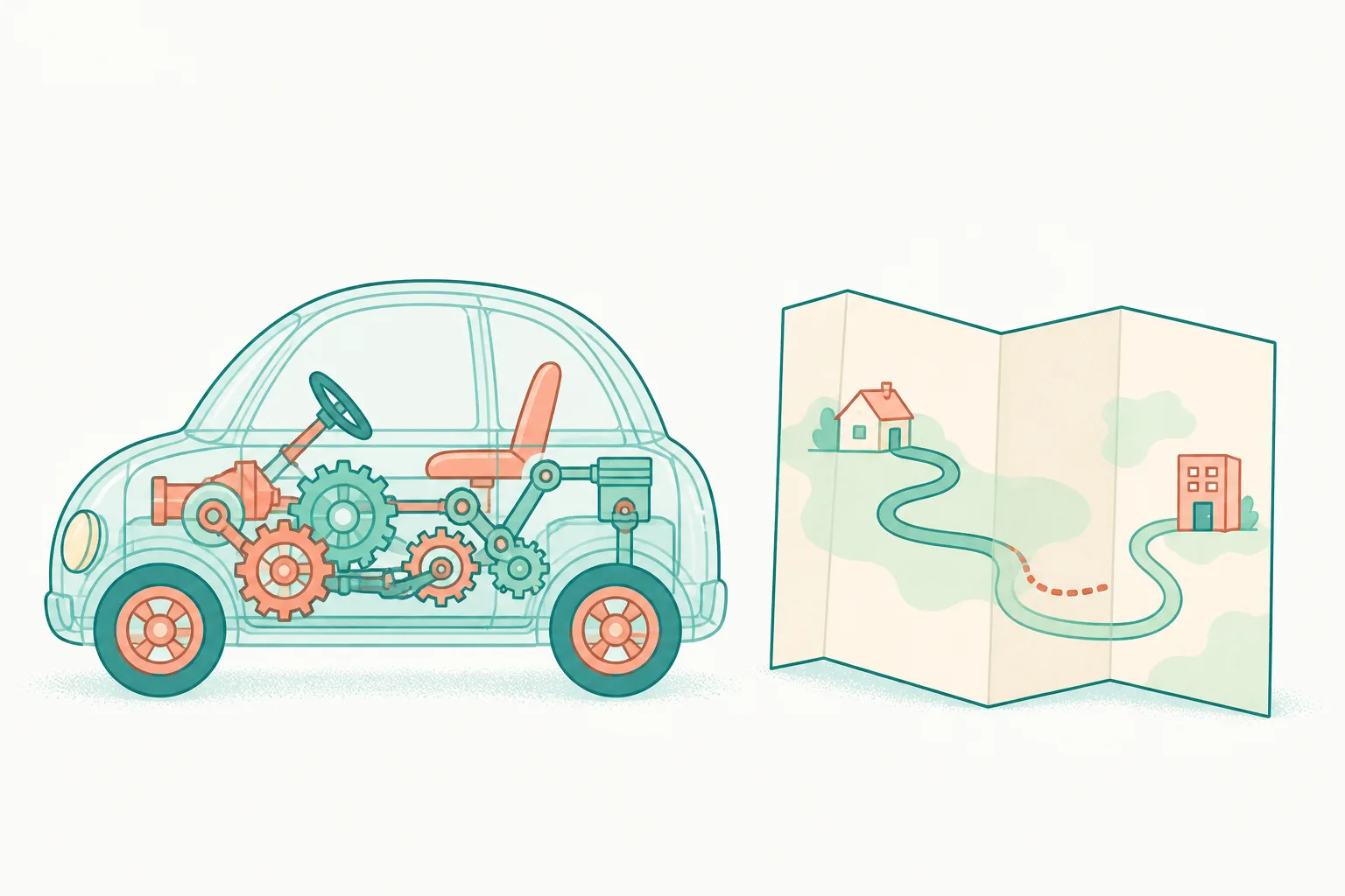 Flat line-art illustration of a transparent toy car revealing its gears and pistons, beside a simple winding road map