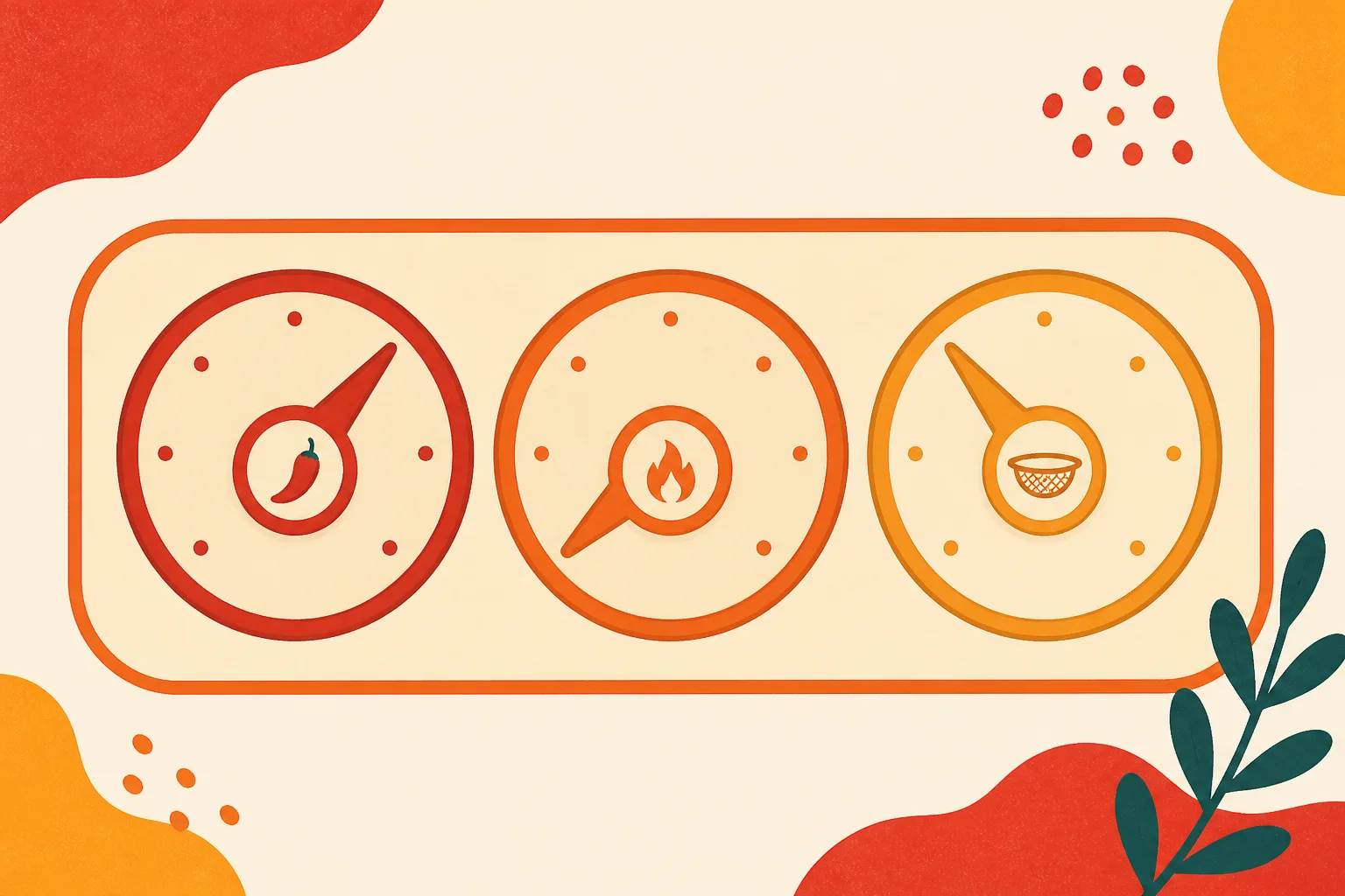 Friendly illustration of three separate dials, each turned to a different position, one marked with a chilli, one with a flame and one with a sieve