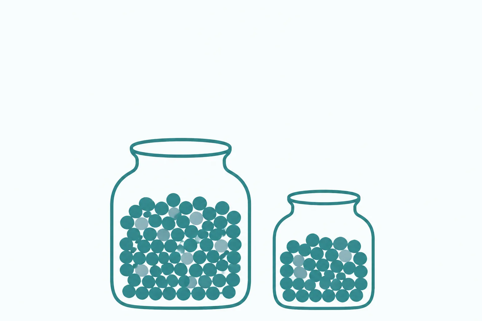 Abstract illustration of two rounded jars of different sizes, each holding mostly identical round beads with a few odd ones, on an off-white background
