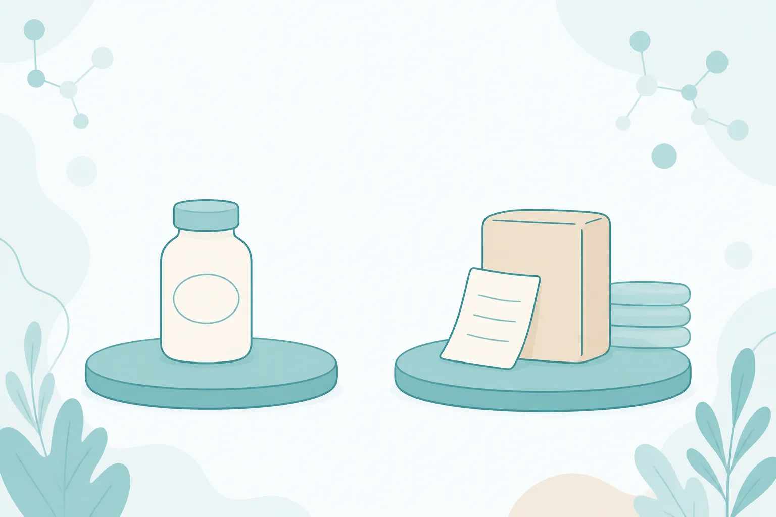 Friendly illustration of two low pebble-shaped platforms with a gap between them, one holding a plain rounded vial and the other holding a rounded box with a folded paper leaflet beside it
