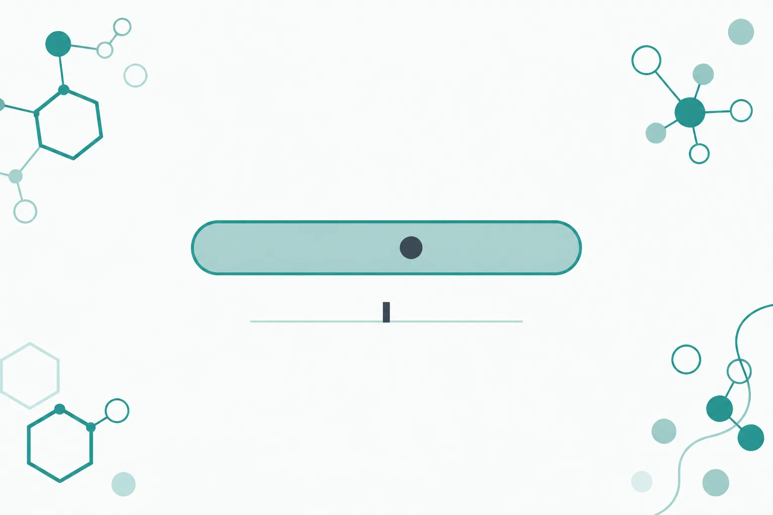 Clean abstract illustration of a wide horizontal teal band with a small slate dot inside it, sitting above a single narrow tick mark on an off-white field