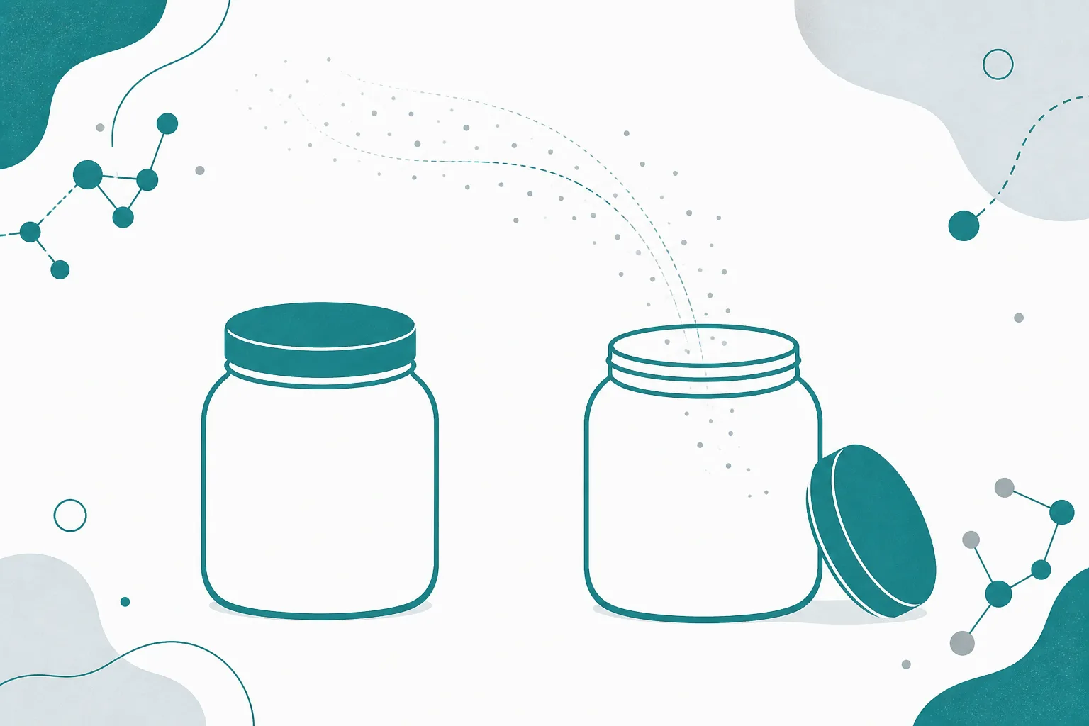 Abstract illustration of a closed rounded jar with an empty calm interior beside an identical open jar whose lid rests beside it, with a few tiny drifting specks approaching the opening