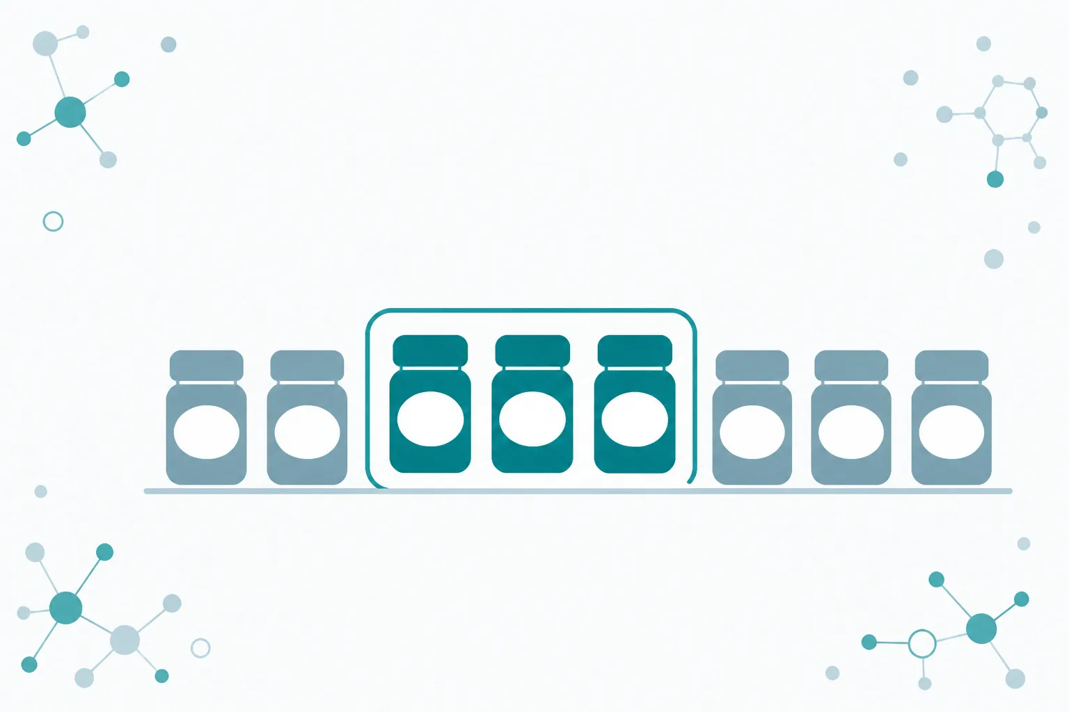 Abstract illustration of a row of identical rounded containers, three of which are gently lifted out of the row and grouped together, on an off-white background