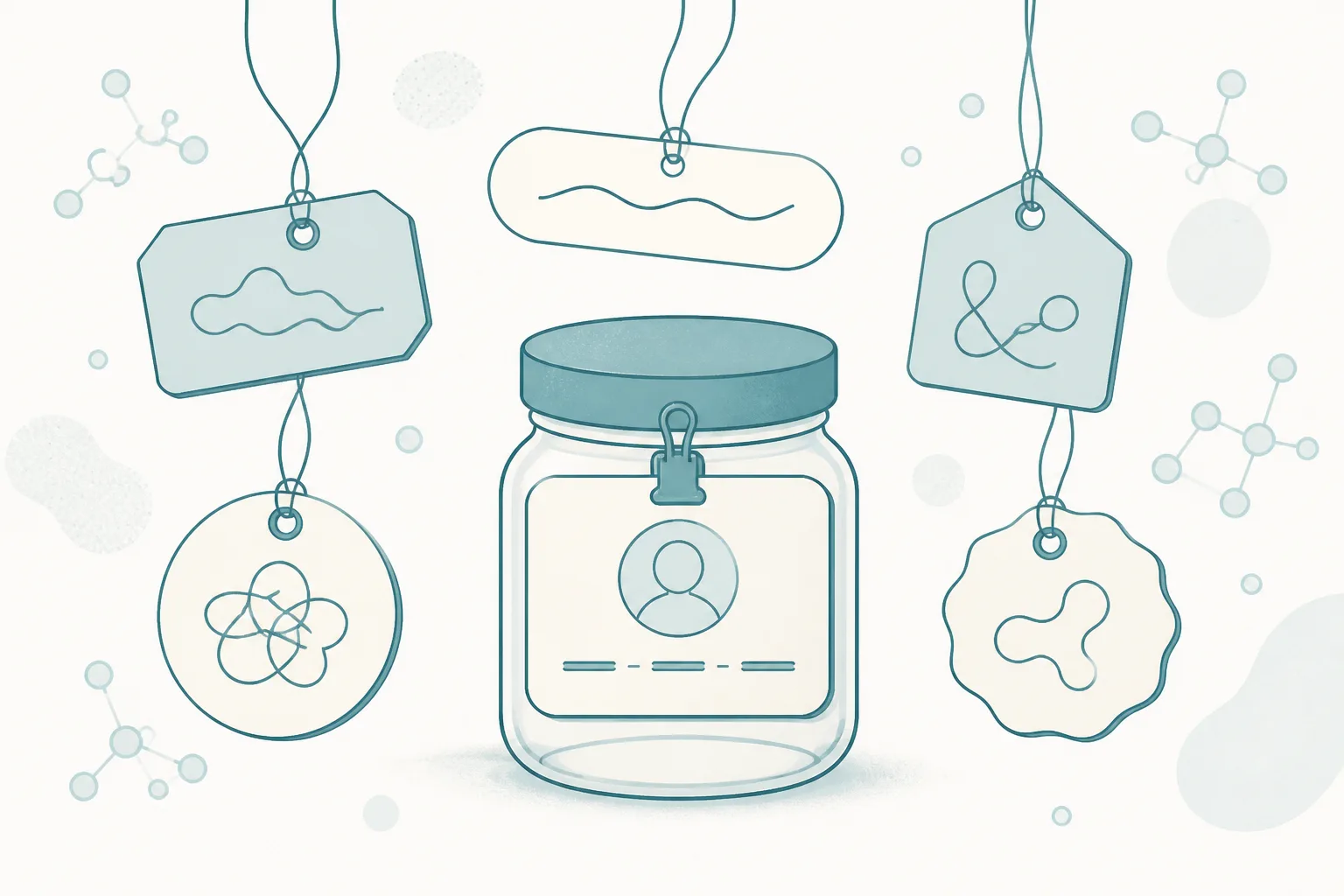 Friendly flat illustration of a small identity card with a hyphenated row of marks clipped to a glass jar, surrounded by floating name tags with different aliases