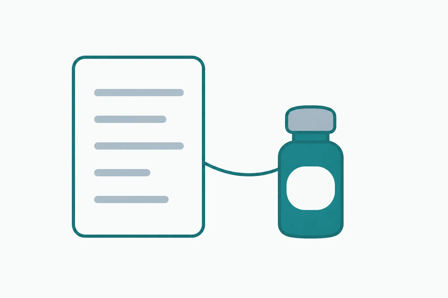 Abstract illustration of a single sheet of paper with soft ruled lines beside one rounded vial, joined by a short curved line, on an off-white background
