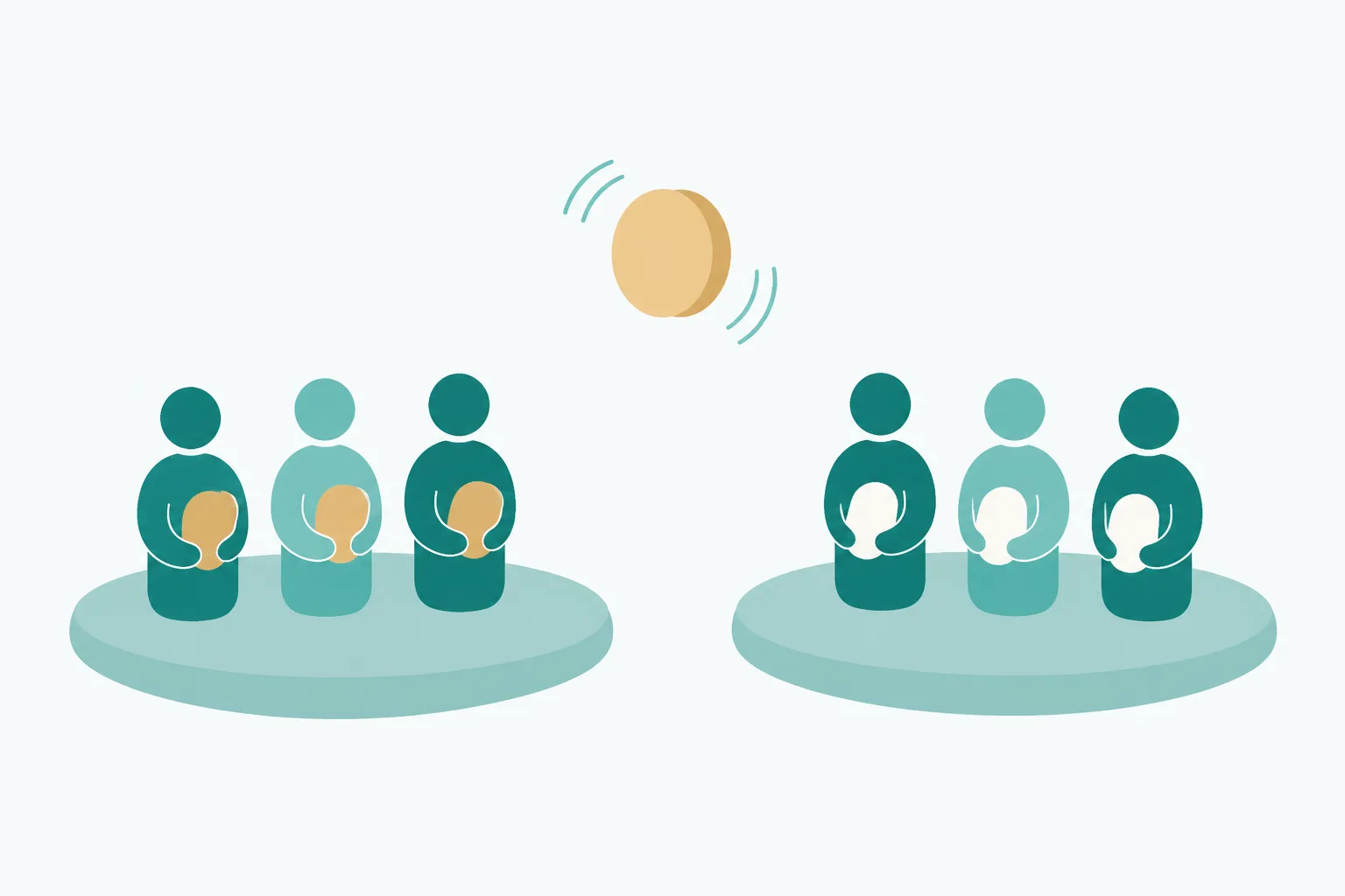 Friendly illustration of two matching rounded platforms side by side, each holding a small group of simple abstract figures, with a coin tumbling in the air above and between them