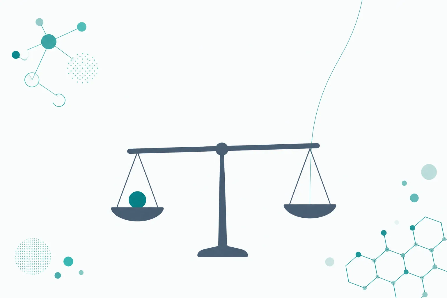 Clean abstract illustration of a simple balance with two rounded pans, one holding a teal circle, with a faint thread running from one pan up and out of the frame