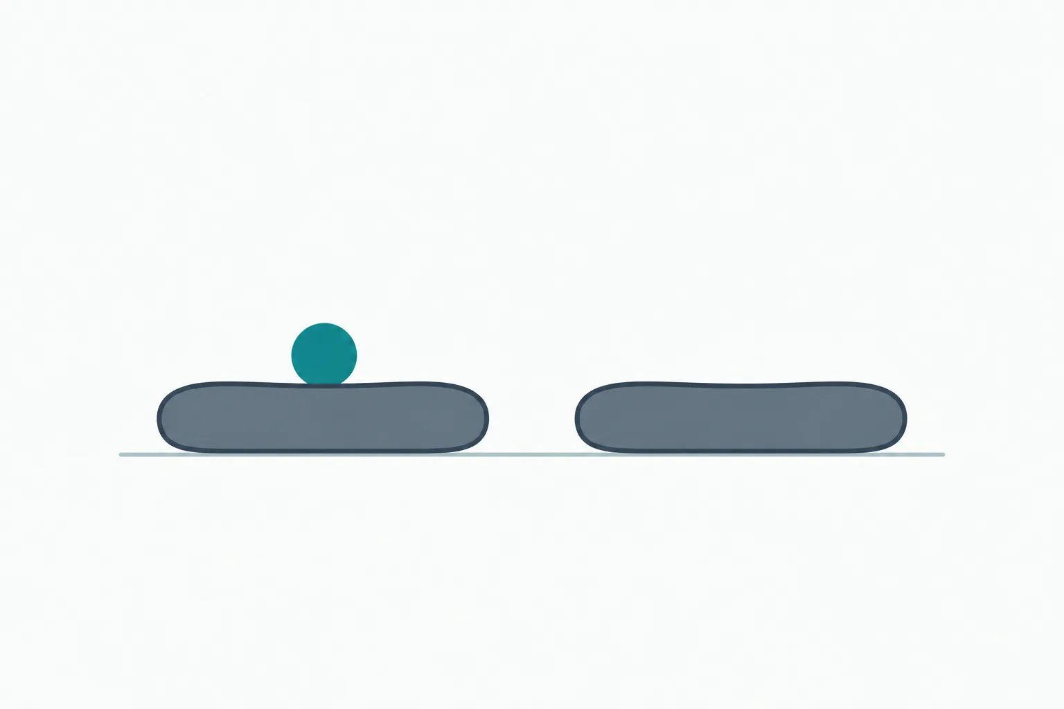 Clean abstract illustration of two identical rounded platforms side by side on an off-white field, one holding a small teal circle and the other empty