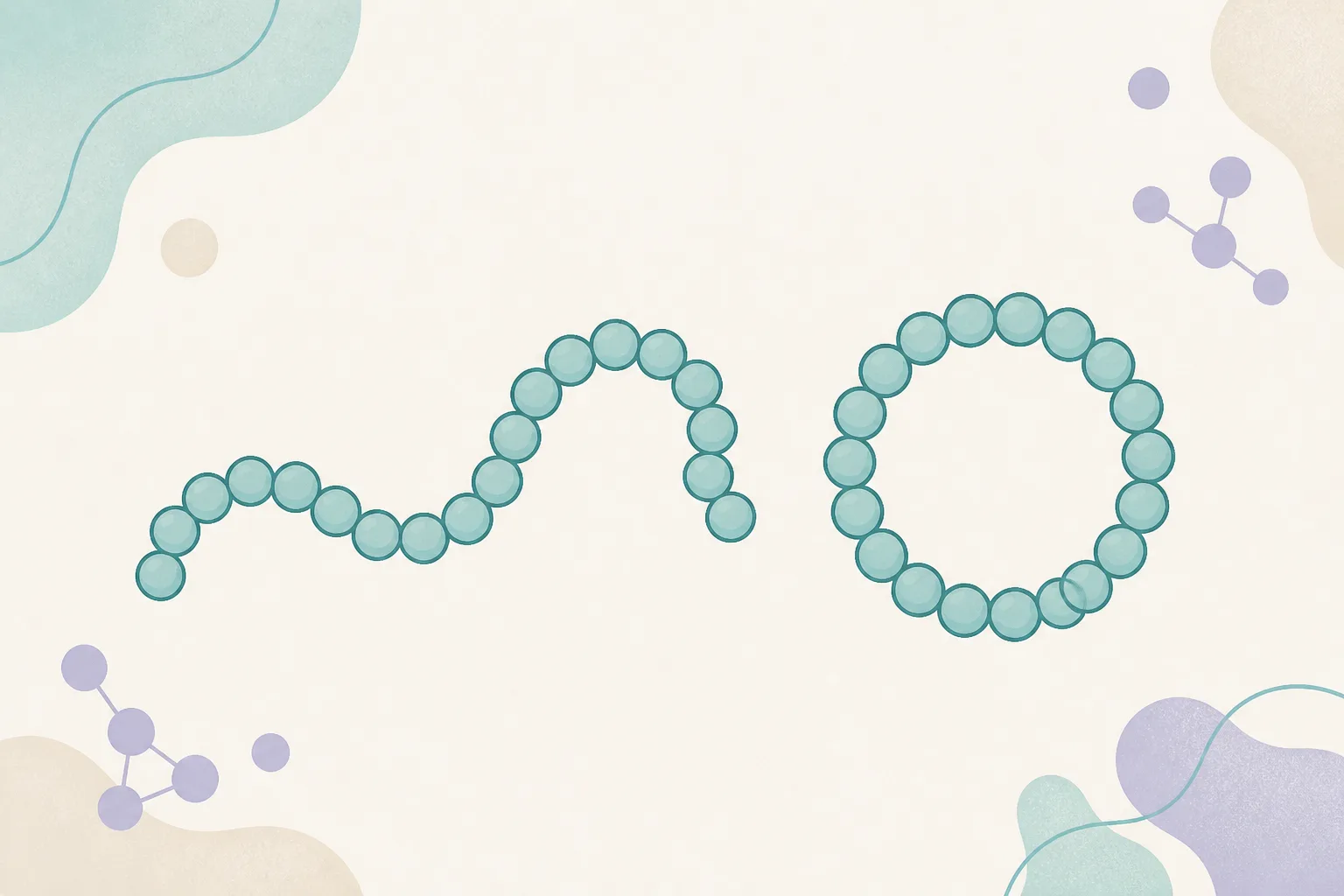 Flat illustration of two bead chains side by side, one open with two loose ends and one fastened into a closed ring