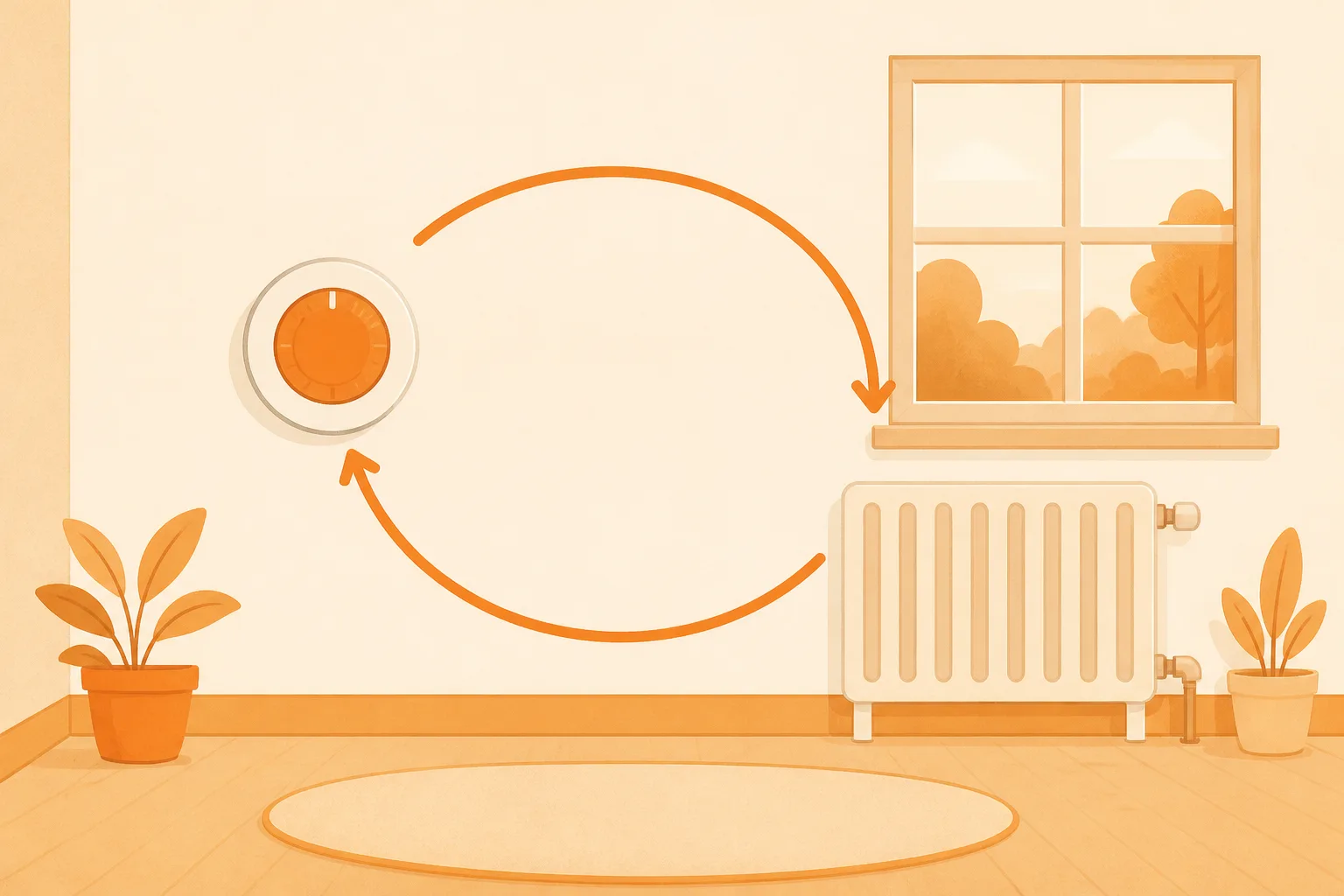 Friendly illustration of a cosy room with a wall thermostat and a radiator, with arrows looping between them