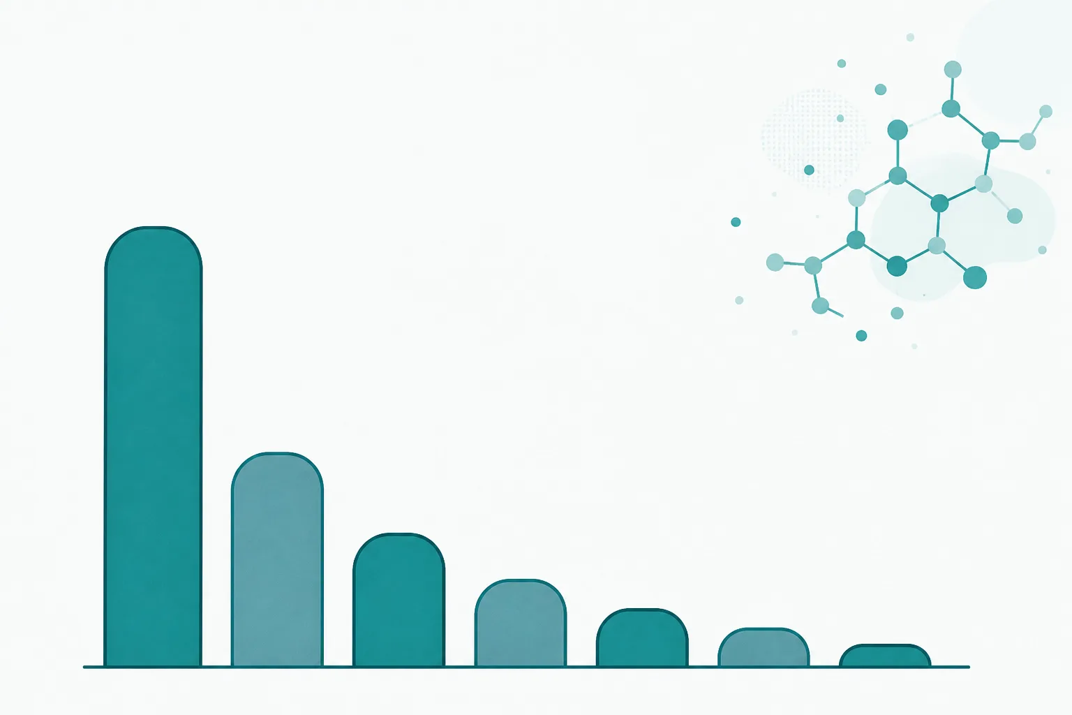Abstract illustration of a row of rounded blocks descending in height from left to right, each block half the height of the one before it, spaced evenly along a baseline
