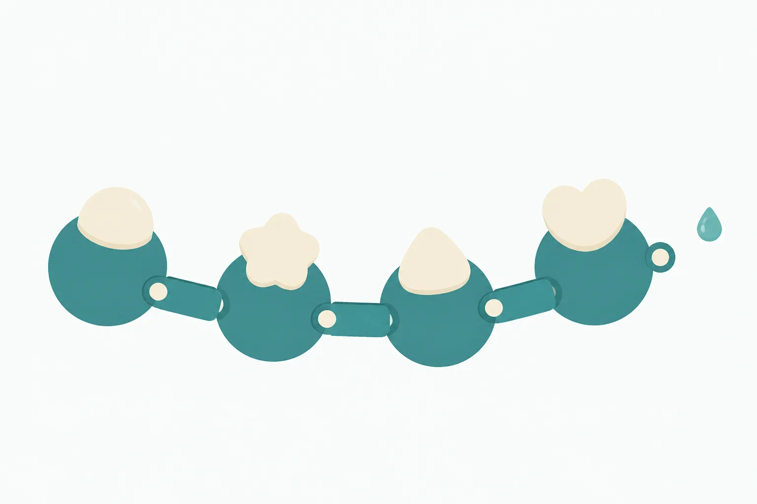 Illustration of a short row of rounded beads joined by small flat stiff plates, with one tiny water droplet drifting away from the newest join at the end of the row