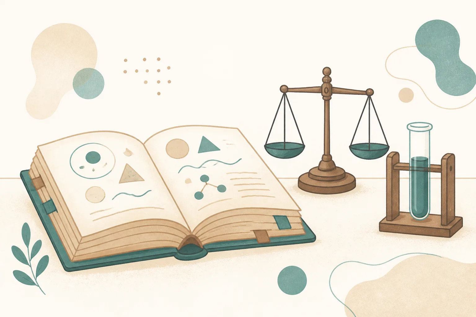 Friendly flat illustration of a thick open reference book with tabbed pages, a small balance and a glass test tube beside it, in warm paper tones