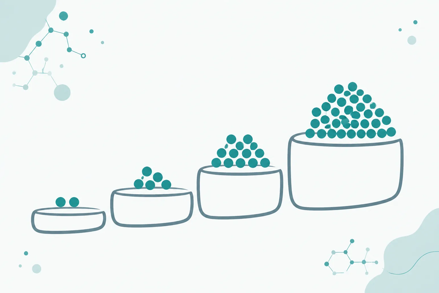 Clean abstract illustration of four rounded steps rising from left to right, each holding a larger cluster of small teal circles than the step below it