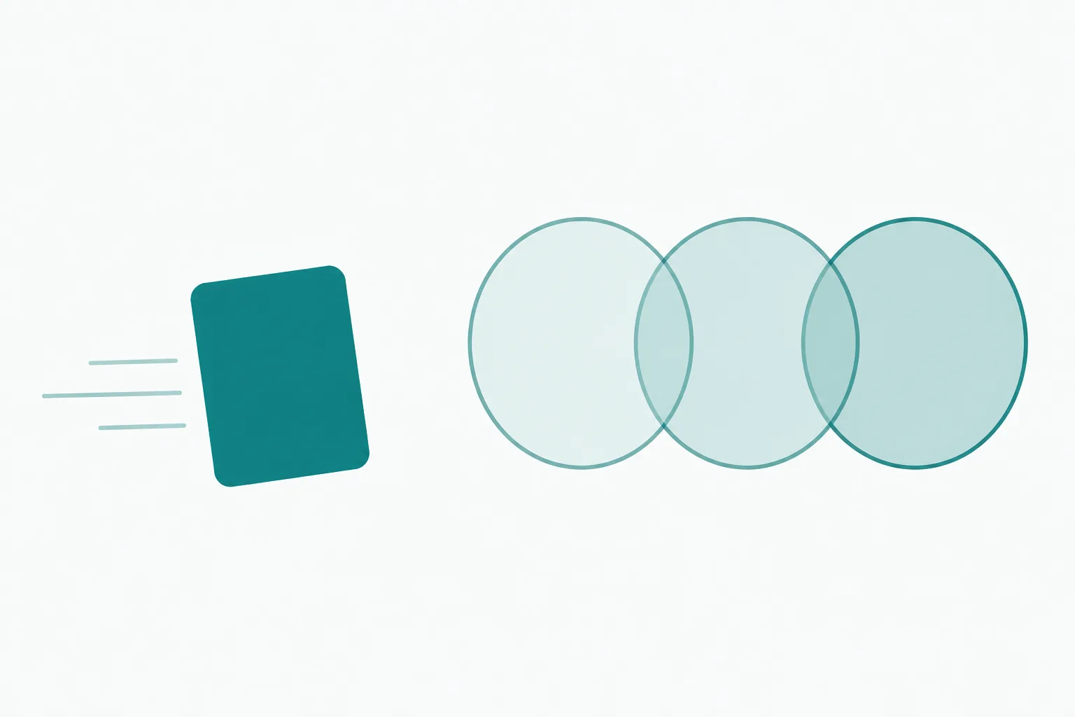 Clean abstract illustration of a single rounded sheet shape stepping out ahead of a row of three pale circular lenses on an off-white field