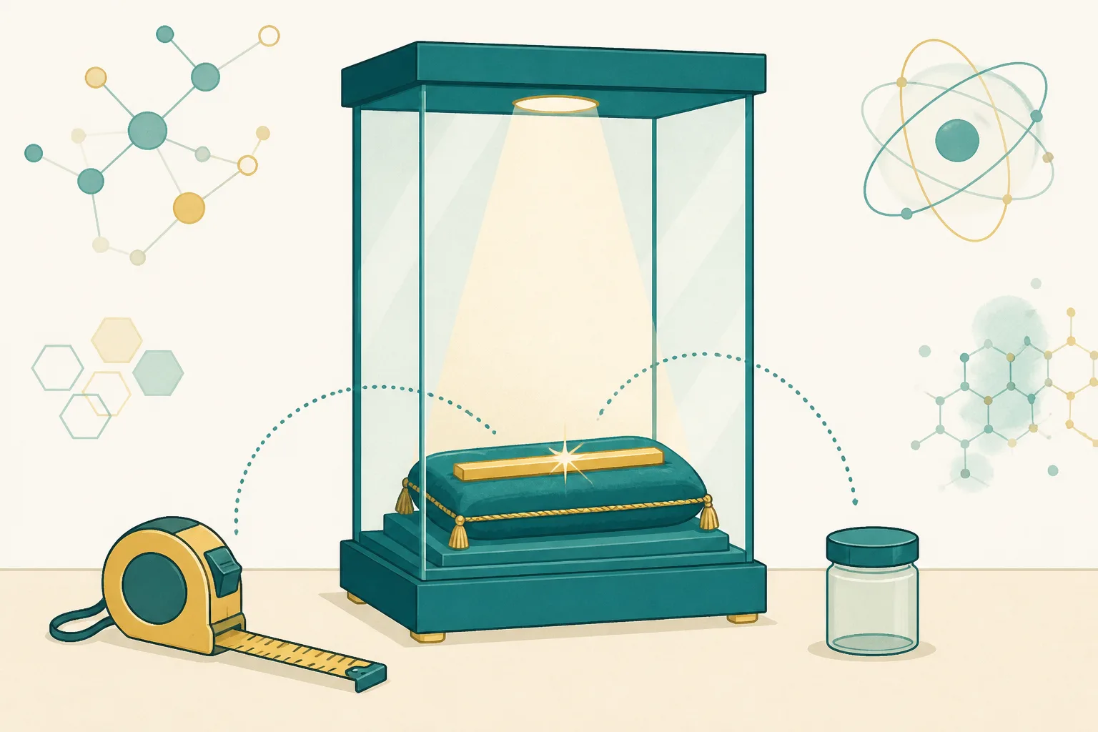 Friendly flat illustration of a gleaming metre stick inside a glass display case beside an ordinary tape measure and a small sealed jar