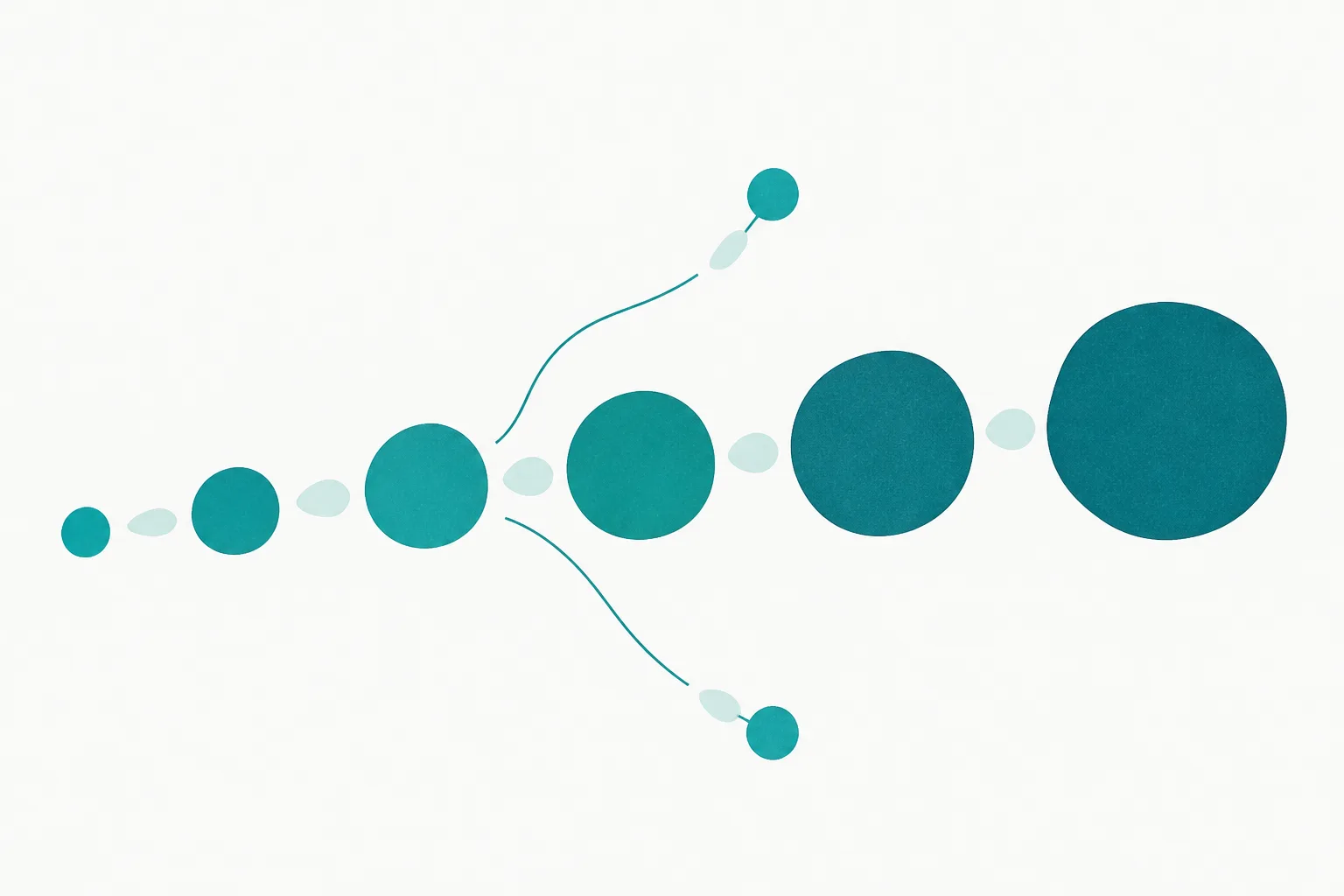 Abstract illustration of a line of rounded forms passing a small shape from left to right, each form slightly larger than the last, with two side branches leaving the line partway along