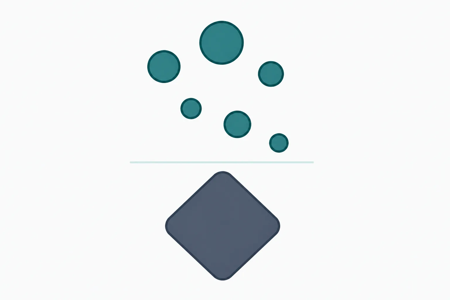 Clean abstract illustration of several small teal dots of different sizes gathered above one larger slate diamond shape on an off-white field
