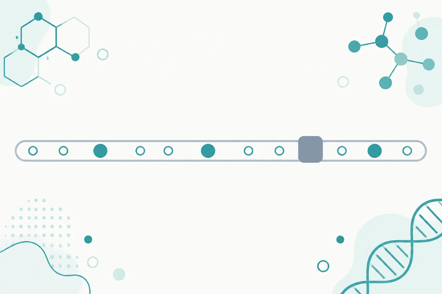 Clean abstract illustration of a long soft ribbon running across an off-white field, marked at irregular intervals with small rounded shapes of different sizes in teal and slate
