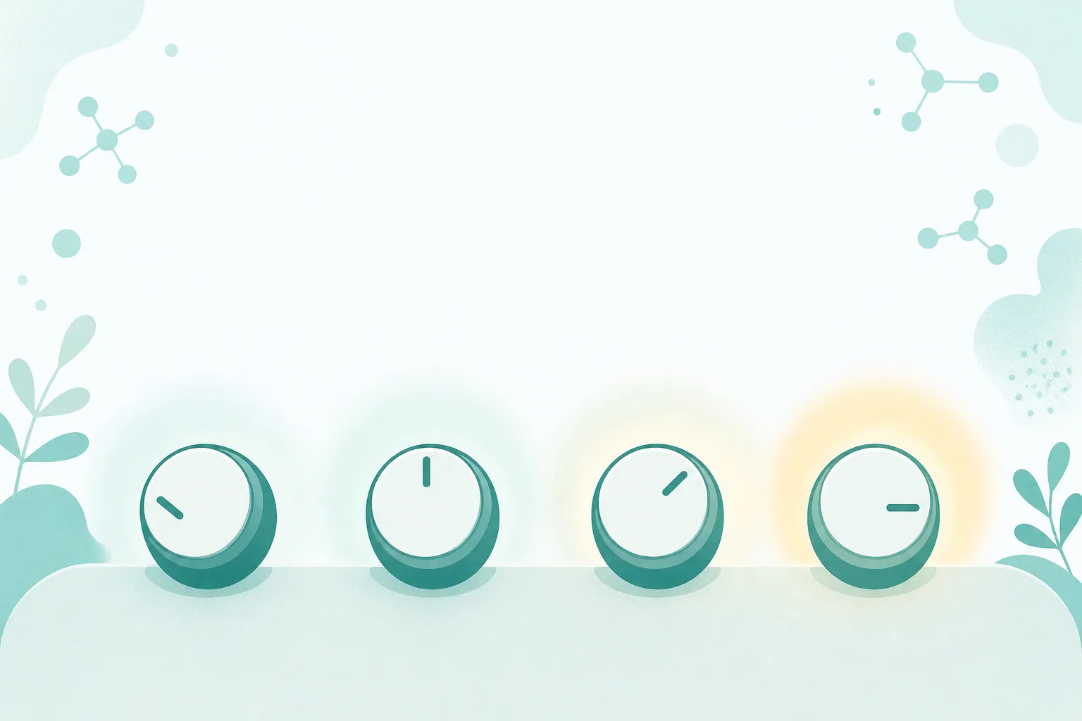 Illustration of four large rounded dial knobs in a row, each turned to a different position, with a soft glow around each one that ranges from dim to bright