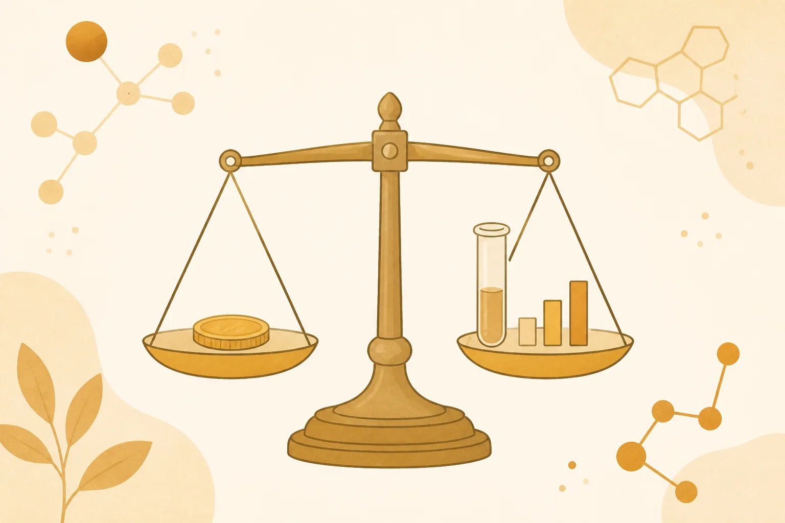 Friendly illustration of an old-fashioned balance weighing a gold coin on one side, with a modern test tube and a small bar chart on the other