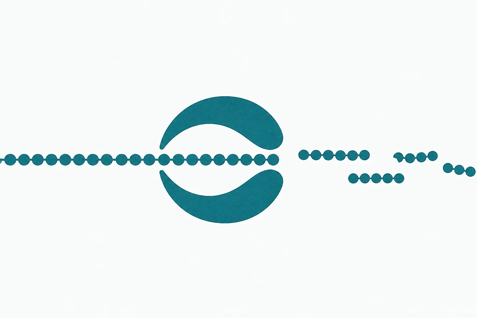 Abstract illustration of a long beaded ribbon passing through a cupped curved form that separates it into shorter segments, with the cupped form identical on both sides of the encounter