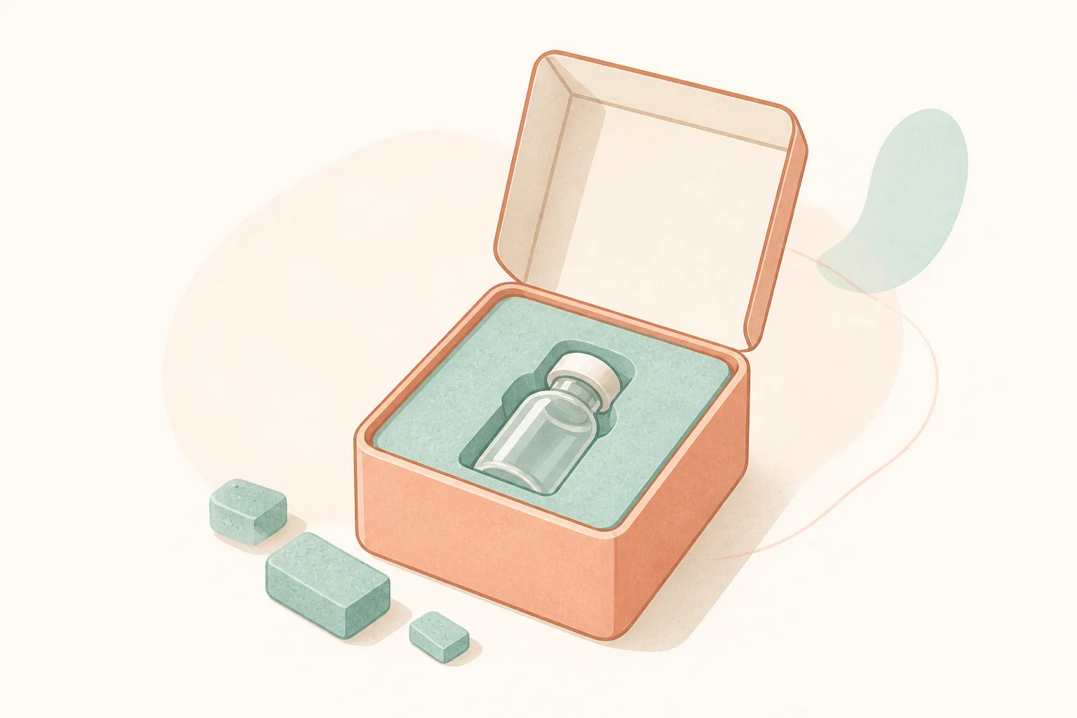Flat illustration of an opened gift box with soft protective foam cradling a tiny glass vial