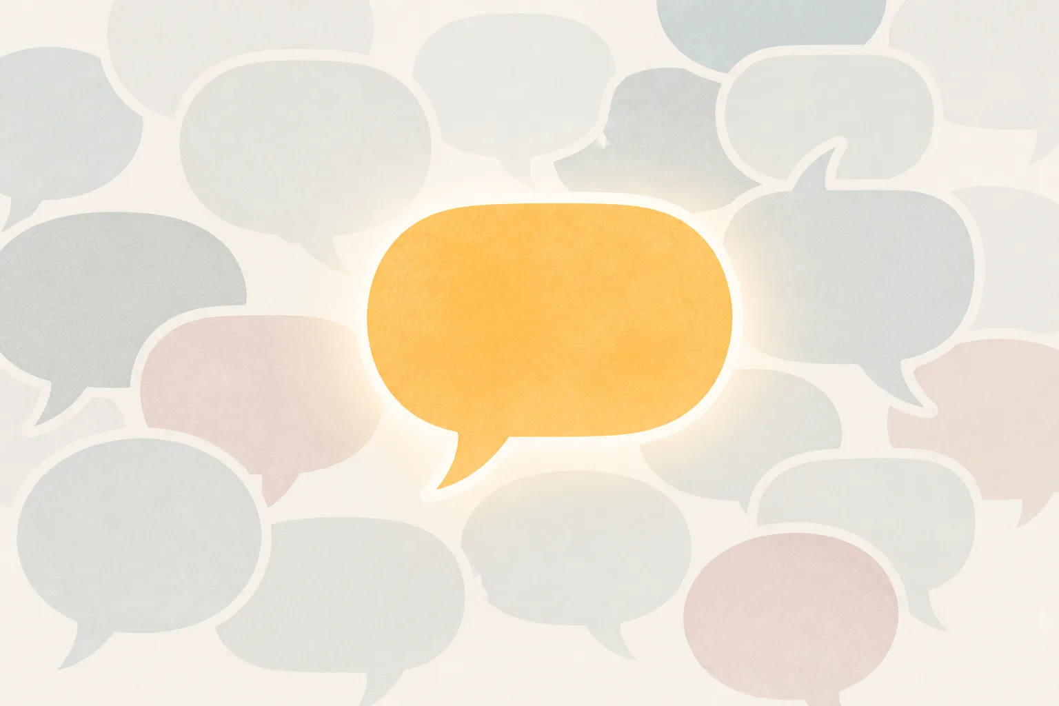 Flat illustration of one glowing speech bubble in front of a crowd of faded, silent speech bubbles