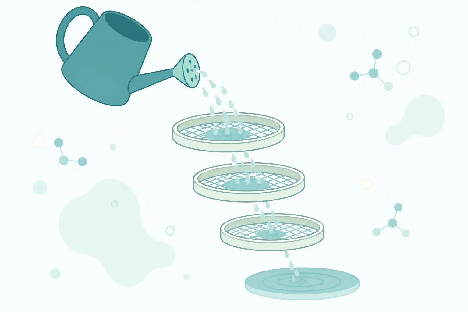 Illustration of a watering can pouring through a series of rounded sieves of different sizes, with only a small stream reaching a round pool at the bottom
