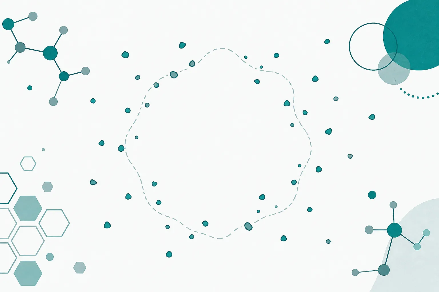 Abstract illustration of an empty rounded outline where a larger shape used to be, with many small scattered fragments left behind in the space around it