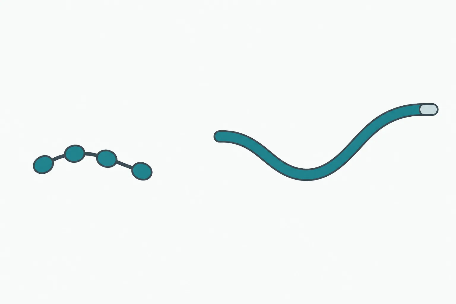 Abstract illustration of a chain of just four rounded beads on the left, and on the right a long slender ribbon whose end is finished with a small rounded cap