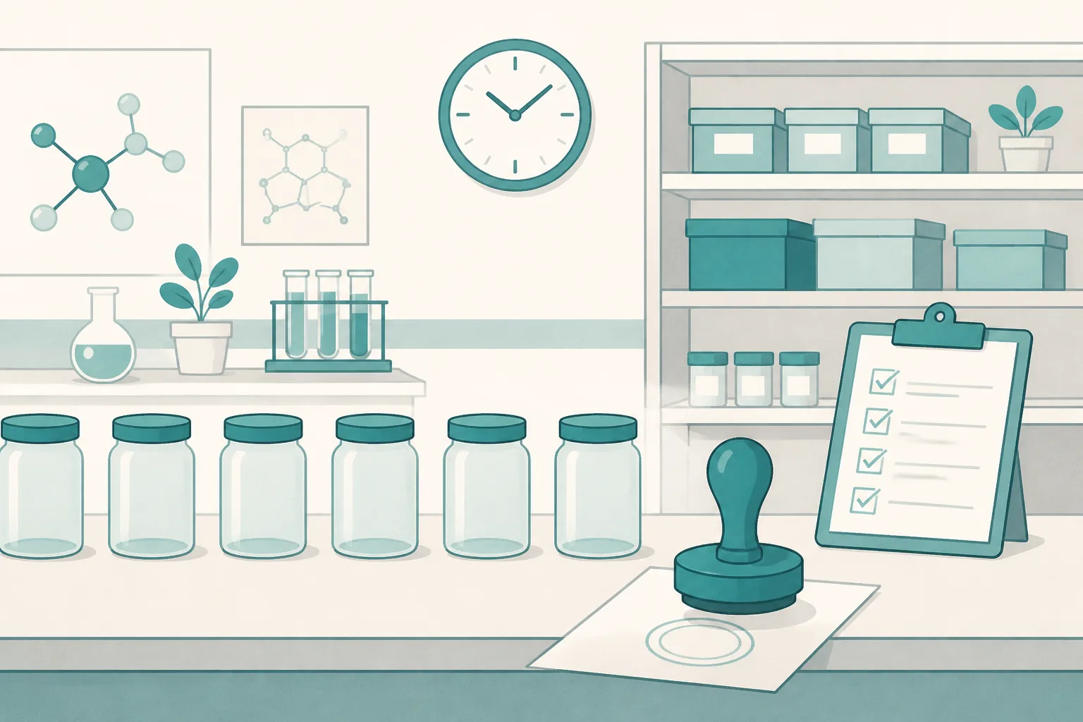 Friendly flat illustration of a tidy production floor with a clipboard checklist, a stamped record sheet and a row of identical glass jars on a conveyor
