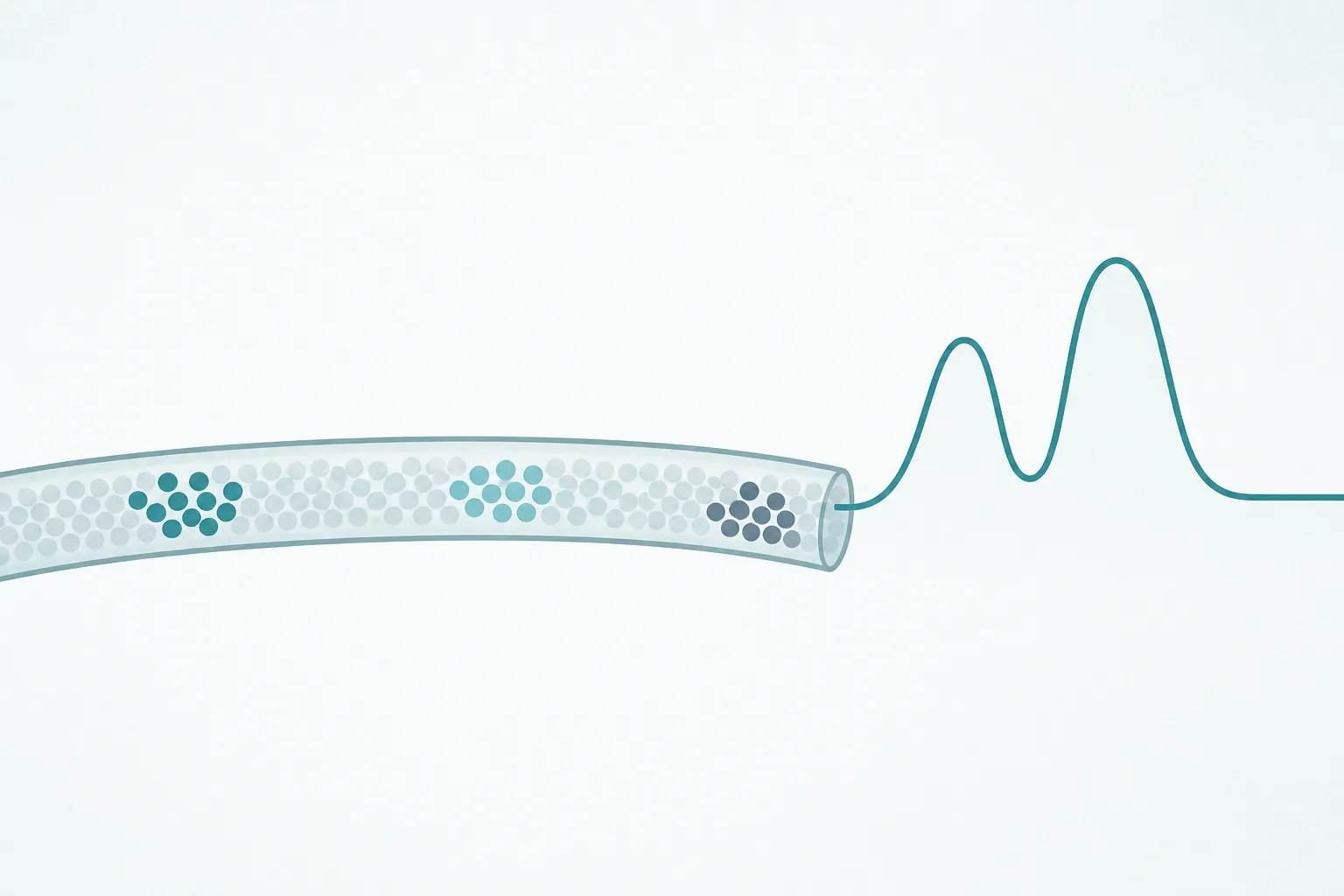 Abstract illustration of a long gently curving tube packed with small round beads, with a few loose groups of coloured dots spread out at different points along its length