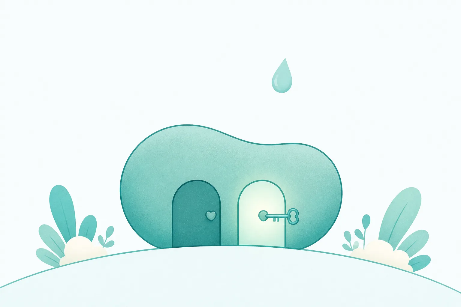 Illustration of a small pea-shaped gland with two rounded doors on its surface, one with a small key resting in it, while a single droplet shape drifts away from the gland