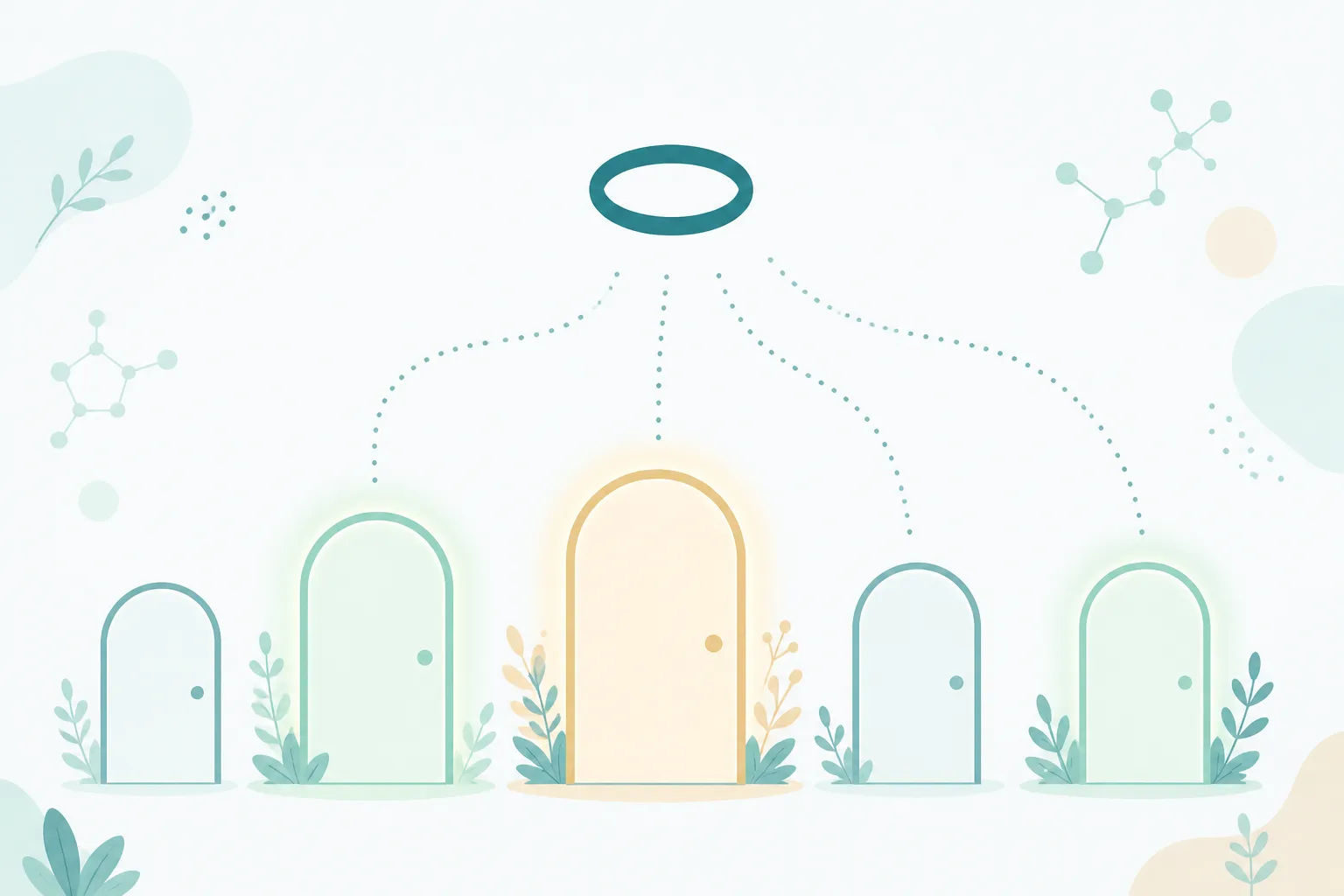 Illustration of a single small rounded ring shape floating above a row of five rounded doors, with soft glows appearing at several doors rather than just one