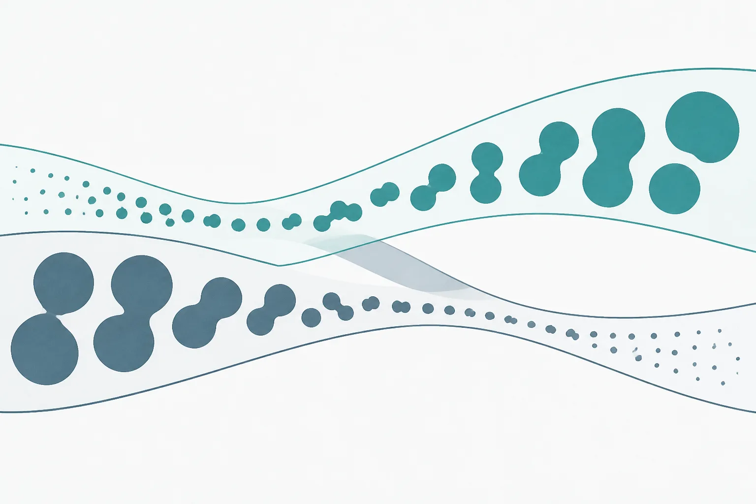 Abstract illustration of two curved streams running in opposite directions through the same space, one made of small shapes merging into larger ones and the other of large shapes separating into small ones
