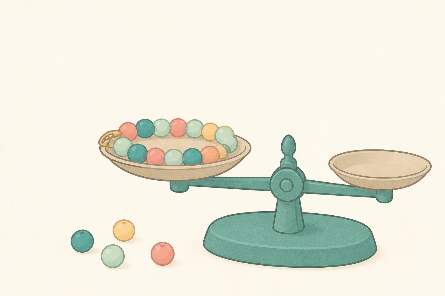 Flat illustration of a bead necklace resting on one pan of a small balance scale, with a few loose coloured beads lying beside it