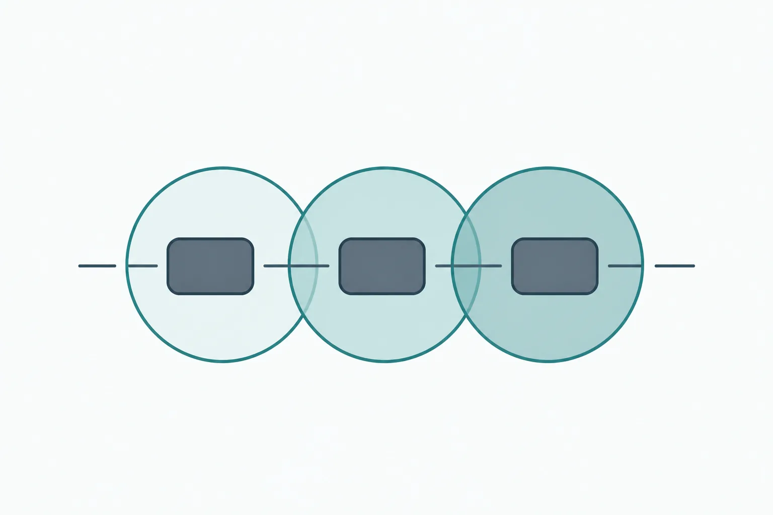 Clean abstract illustration of a single rounded document shape passing through a row of three tinted circular lenses on an off-white field