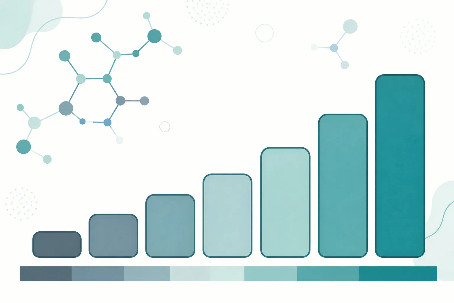 Abstract illustration of a row of rounded steps rising from left to right, each step noticeably larger than the one before, with a soft band of colour shifting gradually from one tone to another beneath them